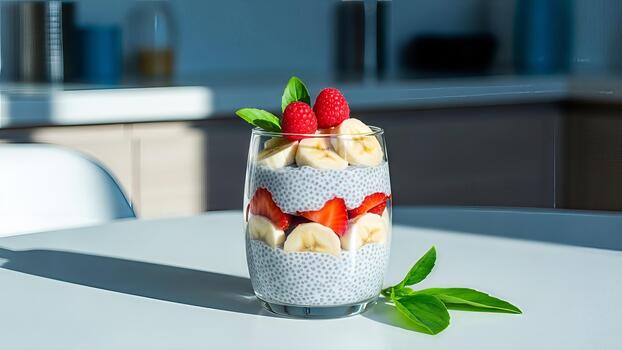 saludable chia semilla pudín en capas con Fresco frutas creando un visualmente atractivo y nutritivo foto