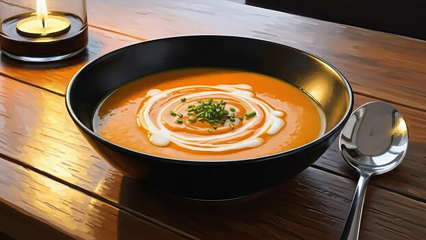 calor y comodidad, un cuenco de nuez squash sopa en un madera mesa Listo a saborear foto