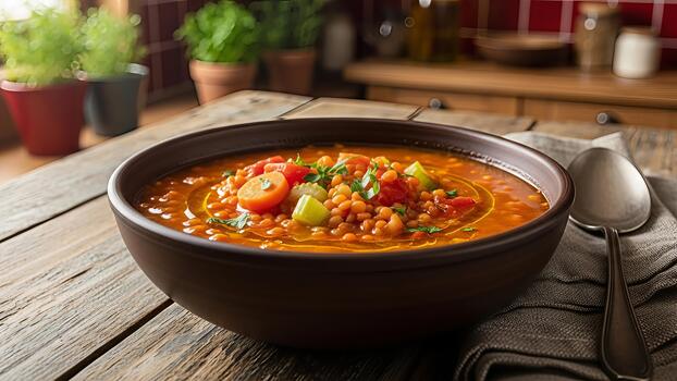 Warm lentil soup with vegetables on a rustic wooden table creating cozy food photography atmosphere photo