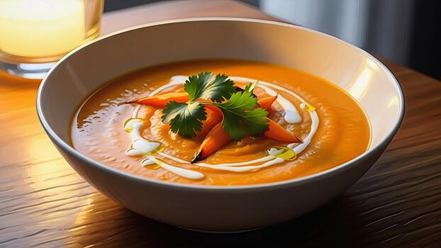 calentar atractivo cuenco de Zanahoria sopa adornado con crema y cilantro perfección foto
