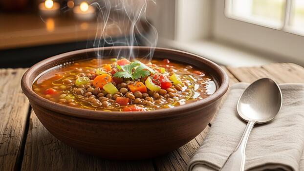Warm bowl of lentil soup presented on a wooden table by a window, appetizing lunch photo