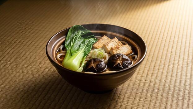 Warm bowl of japanese udon noodle soup with fresh tofu and shiitake mushrooms photo