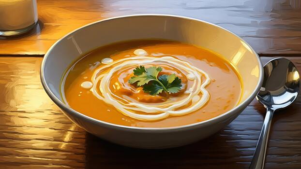 Warm bowl of butternut squash soup with cream swirl and fresh coriander garnish presented photo