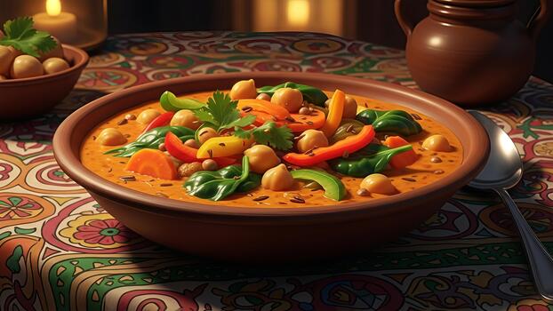 Warm and inviting chickpea vegetable curry served on a patterned tablecloth evoking a sense of photo