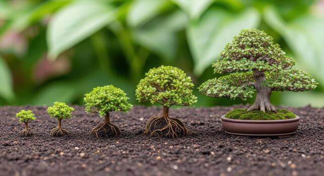 Miniature trees in growth stages representing development and nature's journey on soil photo