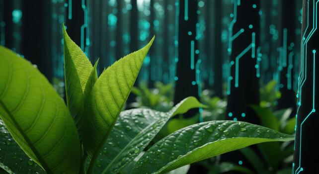 Lush green leaves with subtle blue light reflections and bokeh effect photo