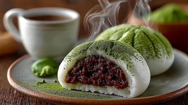 Steaming matcha mochi with sweet red bean paste filling and tea. photo