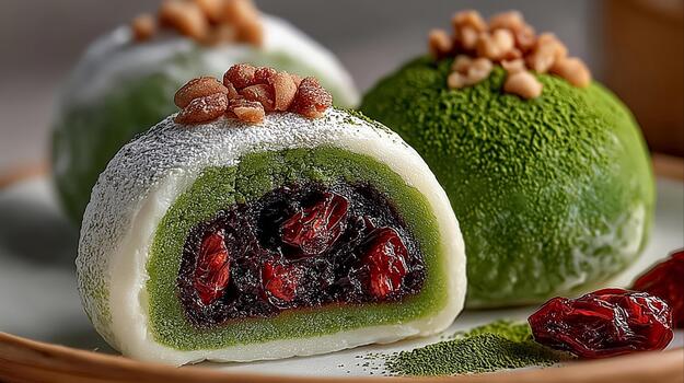 Delicious matcha mochi dessert with red bean paste and cranberries. photo