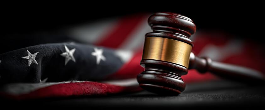 Symbol of Justice With Gavel on American Flag in Courtroom Setting photo