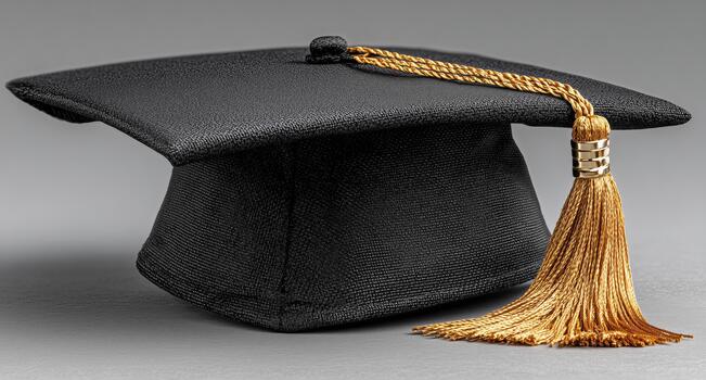 Graduation Cap With a Gold Tassel Resting on a Simple Gray Background photo