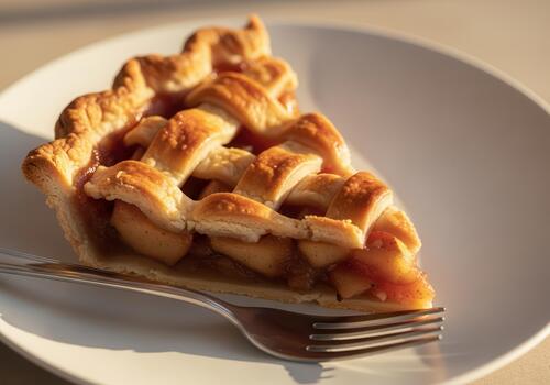 Indulge in a slice of homemade apple pie with a lattice crust, perfect for cozy autumn vibes photo