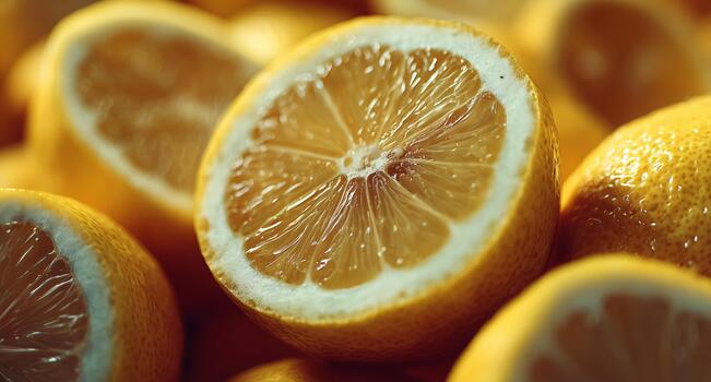 Bright Yellow Lemons Sliced Open, Revealing Juicy Pulp and Zest on Display in a Market Setting photo