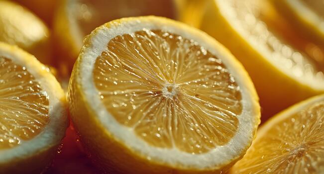 Bright Yellow Lemons Sliced Open, Revealing Juicy Pulp and Zest on Display in a Market Setting. photo