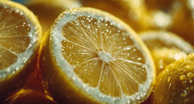 Freshly Sliced Lemons With Water Droplets on a Vibrant Surface in Bright Lighting photo