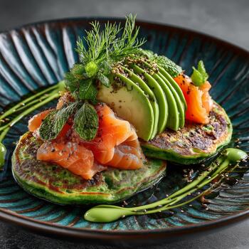 Delicious Stack of Savory Pancakes With Avocado and Smoked Salmon Served on a Decorative Plate. photo