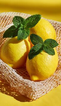 Fresh Lemons With Mint Leaves in a Net Bag on a Bright Yellow Background photo