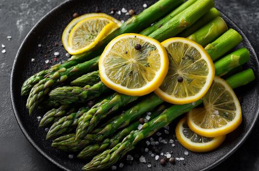 Fresh Asparagus Spears Garnished With Lemon Slices on a Dark Plate Ready for Serving. photo