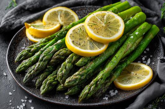 Fresh Asparagus Spears Garnished With Lemon Slices on a Dark Plate Ready for Serving photo