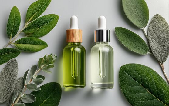 Natural Essential Oils With Leaves Arranged on a Soft Background for Wellness and Relaxation. photo