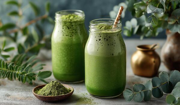 Refreshing Green Smoothies With Matcha and Natural Ingredients Displayed on a Colorful Table photo