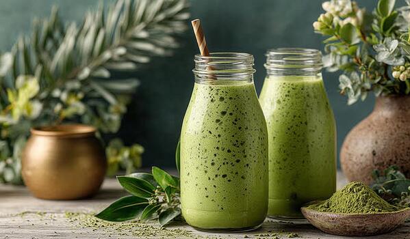Refreshing Green Smoothies With Matcha and Natural Ingredients Displayed on a Colorful Table. photo