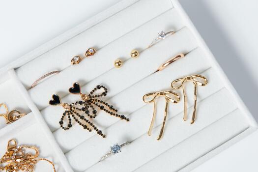 Different types of jewelry stored neatly in a display box for easy access and organization photo