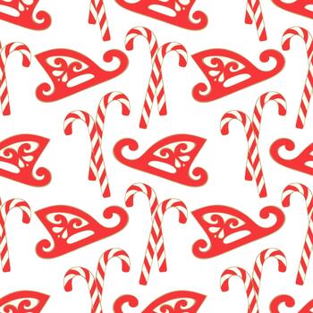 trineos Navidad y caramelo bastones en blanco fondo, nuevo año modelo. rojo color con oro contorno. vector