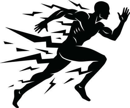 Silhouette of a dynamic runner with a lightning bolt effect, symbolizing speed and energy vector