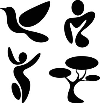 Abstract Silhouettes of a Bird, Person, Dancer, and Tree - Symbolic Representations vector