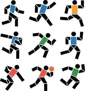 un conjunto de resumen geométrico humano cifras mostrando dinámica movimiento y atletismo en corriendo y deporte poses vector