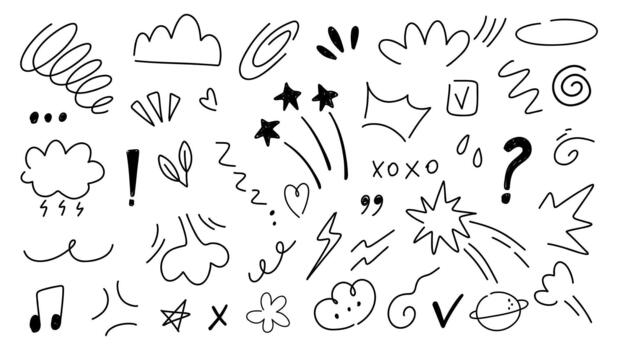 Sketch underline, emphasis, arrow shape set. Hand drawn abstract scribbles and squiggles, creative various shapes.Cartoon style manga doodle line expression scribble anime mark collection. vector