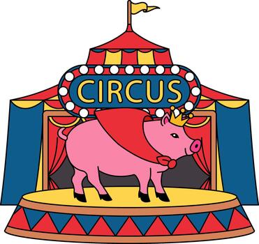 A pig is standing on a stage in front of a circus tent vector