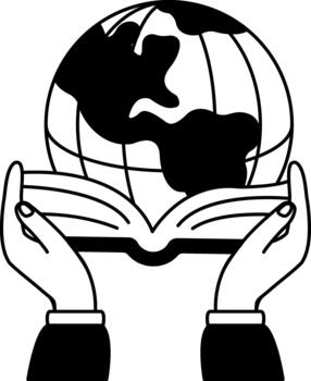 black and white two hands holding a open book with a globe in the middle vector