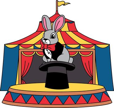 A rabbit on a stage in front of a circus tent vector