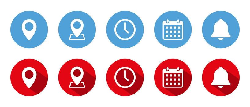 Location, map pin, time, calendar, and bell icon with long shadow. GPS pointer, place marker, clock, date, and notification symbol vector