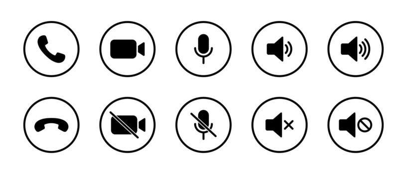 Phone call, hang up, record mic, mute, speaker volume, and silent icon in circular outline vector
