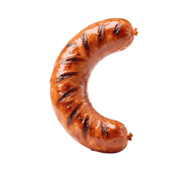 Appetizing curved grilled sausage with visible char marks and glossy texture isolated on transparent background png