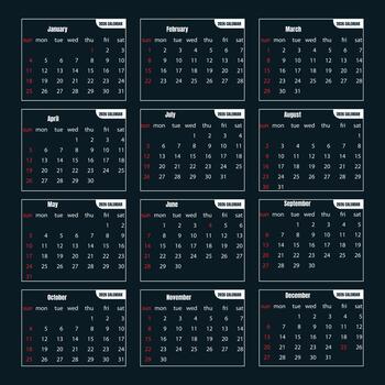 A complete year calendar displayed in a grid of twelve monthly pages vector