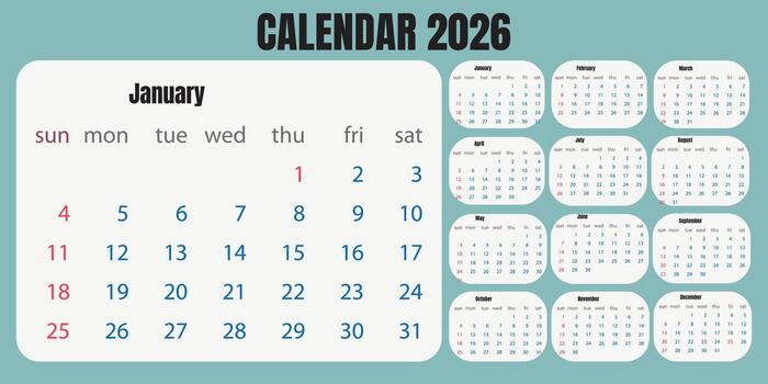 A comprehensive 2026 calendar displaying all twelve months in a grid layout vector