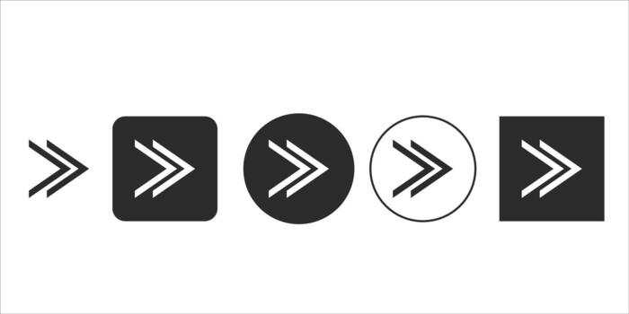 Double right chevron arrow icon set in multiple styles vector