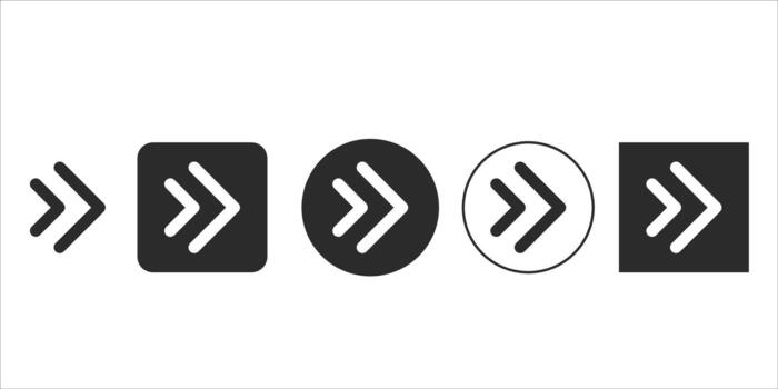 Set of double right arrow icon variations for user interface design vector