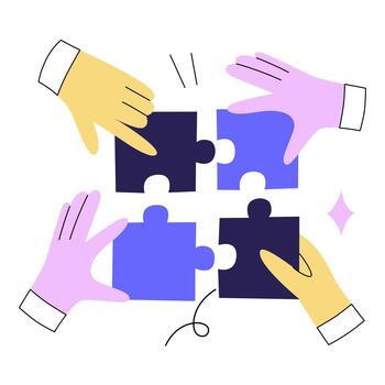 diferente manos participación rompecabezas piezas. ilustración en un juguetón estilo con un resolución de problemas concepto. vector