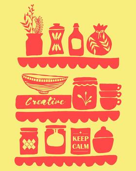 Artistic Shelves Display pattern editable, An eye catching array of artistic objects, creatively arranged on shelves. The retro design is perfect for illustrating concepts of interior decor, crafts. vector