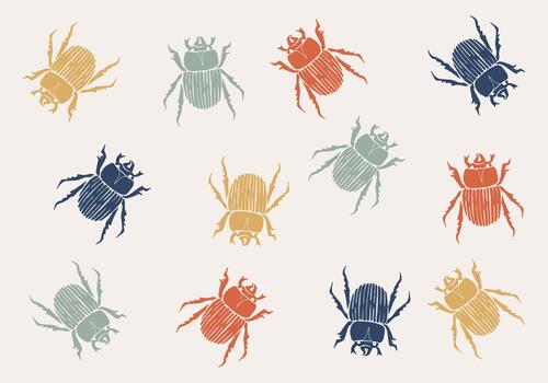 Beetle Collection editable bugs pattern vivid illustration showcases a collection of beetles, each distinctively colored and styled, arranged artfully to enhance the essence of nature and design. vector