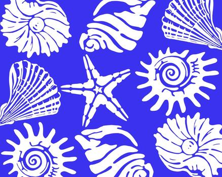 Marine life Sea Shells and Starfish nautical Pattern background editable, An artistic arrangement of various sea shells and starfish, inviting viewers to delve into the depths of the ocean. vector