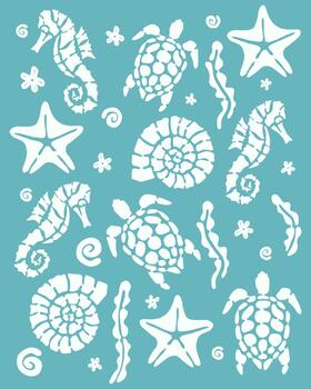 Marine Life Pattern background editable, An artistic pattern featuring charming sea creatures like seahorses, turtles, and starfish creates a delightful visual tapestry. vector