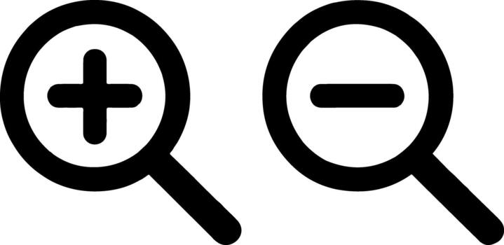 Magnifying glass icons with plus and minus symbols for zoom in and out vector