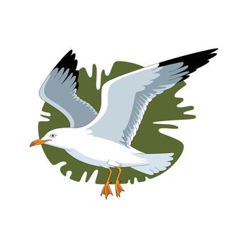 White seagull in flight with wings spread against a green abstract background and white canvas bird flying vector