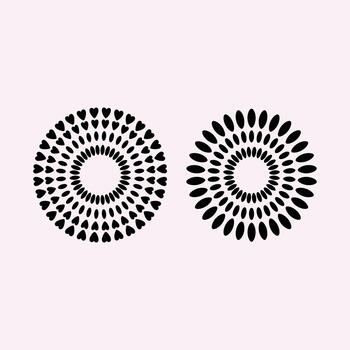 Two black circular abstract patterns one with hearts one with oval shapes on a pale pink background radial vector