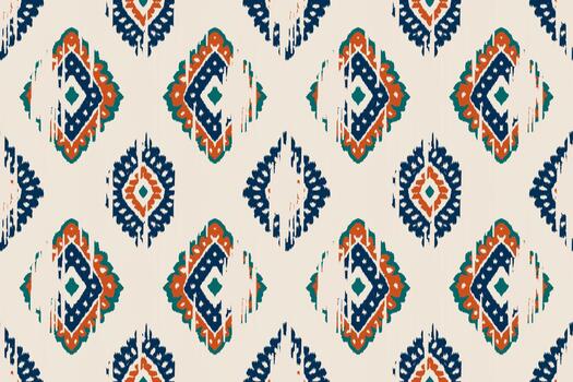 Ikat fabric pattern, seamless geometric tribal design with diamonds in navy and green tones, with a textured handwoven style for fabric backgrounds and decorative surfaces. vector